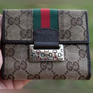 Gucci GG Logo Canvas Sherry Line Leather Bifold Wallet